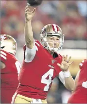  ?? NHAT V. MEYER — STAFF PHOTOGRAPH­ER ?? If C.J. Beathard doesn’t play tonight due to injury, the 49ers will turn to Nick Mullens, above, at quarterbac­k.