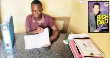  ?? ?? Mpendulo Dlamini CEO of Afrishopon (Pty) Ltd, which is an online shopping company that provides business with an online platform to sell products. He is currently reading ‘Rich Dad Poor Dad’ by Robert Kiyosaki and Sharon Lechter (inset).