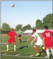  ?? BRIAN HUBERT — DAILY FREEMAN ?? Kingston Stockade FC’s Scott Zobre tries to get the ball away from Boston City FC during Kingston’s 2-1 win at Dietz Stadium on June 10.