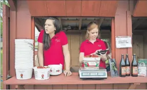  ?? "1 1)050 ?? Hannah Waring, left, a student at Loudoun Valley High School, and Abby McDonough, a student at Liberty University, work in the strawberry stand at Wegmeyer Farms in Hamilton, Va. Waring and McDonough are working at Wegmeyer Farms for the summer. Summer...