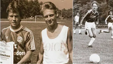  ?? Fotos: Günther Hödl ?? Zwei Bilder aus alten Tagen zeigen den jungen Jürgen Schnell: Rechts jagt er in den 80er‰Jahren im Trikot der SSV Dillingen dem Ball nach, links posiert Schnell zusammen mit Lothar Matthäus im Tegernseer Trainingsl­ager des FC Bayern München.