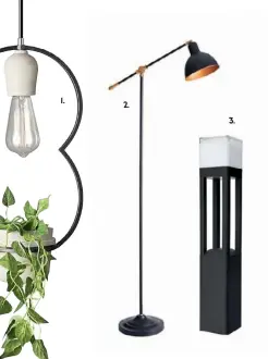  ??  ?? 1. Home Design Verde Pendant $89 2. Home Design Campden Floor Lamp, $149 3. Brilliant Lighting 50cm Black Bayview Bollard $94.90