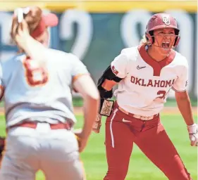  ?? NATHAN J. FISH/USA TODAY NETWORK ?? Oklahoma outfielder Jayda Coleman celebrates after hitting a double against Iowa State in the 2023 Big 12 softball tournament.