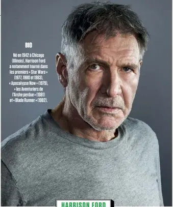  ??  ?? BIO Né en 1942 à Chicago (Illinois), Harrison Ford a notamment tourné dans les premiers « Star Wars » (1977, 1980 et 1983), « Apocalypse Now » (1979), « les Aventurier­s de l’Arche perdue » (1981) et « Blade Runner » (1982).