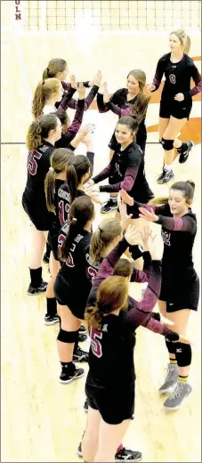  ?? MARK HUMPHREY ENTERPRISE-LEADER ?? The 2017 Lincoln Lady Wolves achieved a milestone in a season of the unpreceden­ted, finishing 7-7 in conference play after a 27-25, 25-19, 25-20 sweep of Prairie Grove Thursday. Lincoln hosts the District 4A-1 Volleyball tournament this week.