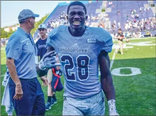  ?? Photo courtesy of URI ?? URI football head coach Jim Fleming has give plenty of Rhode Island high school standouts an opportunit­y to earn a scholarshi­p, but Shea’s Momodou Mbye, above, is one of the few to take advantage of the chance.