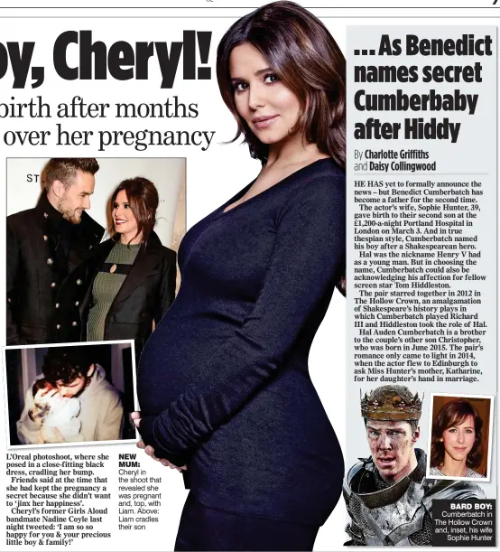  ??  ?? NEW MUM: Cheryl in the shoot that revealed she was pregnant and, top, with Liam. Above: Liam cradles their son