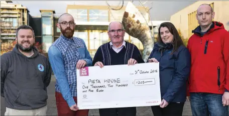  ?? Pic: ?? Dan Donohoe, Konrad Mulrennan, Michael Moran, Maria Moran, Kieran Hughes. “IT Sligo staff and students donating the proceeds from a Maths Week Ireland charity quiz fundraiser for the Michael Moran Memorial Walk in aid of Pieta House. Donal Hackett.