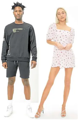  ??  ?? Men’s New York sweatshirt and French terry drawstring shorts
Pretty fit mini dress in floral print