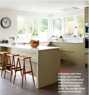  ??  ?? KITCHEN Soft-green units from Pewsey Vale Cabinet Makers have been used with a Silestone quartz worktop from Stone Circle. The Imo bar stools are from Pinch Design