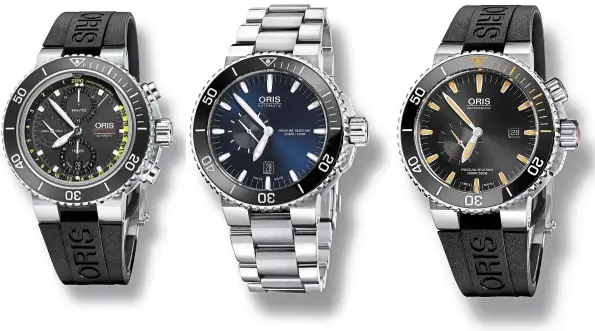  ??  ?? ( From left) Oris aquis depth gauge Chronograp­h; Oris aquis Small Second, date timepiece and the Oris Carlos Coste Limited Edition IV.