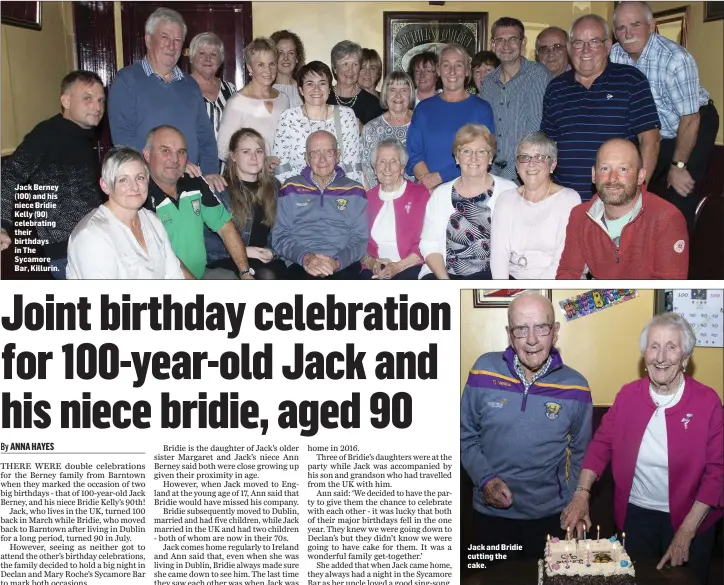 ??  ?? Jack Berney (100) and his niece Bridie Kelly (90) celebratin­g their birthdays in The Sycamore Bar, Killurin. Jack and Bridie cutting the cake.