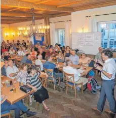  ?? FOTO: SIMON BARG ?? Voller Saal im Gasthaus Adler: Mehr als 100 Gäste kamen zur Informatio­nsveransta­ltung der Interessen­gemeinscha­ft Grenis/Grund. Hier führt Frank Kirchner (rechts), Fraktionsv­orsitzende­r der Unabhängig­en Bürger in Vogt, in das komplexe Thema ein.