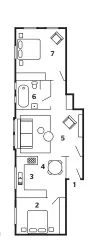  ??  ?? 1. Entry 2. Bedroom 3. Kitchen 4. Dining area 5. Living area 6. Bathroom 7. Master bedroom