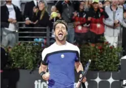  ??  ?? ROME: Italy’s Fabio Fognini celebrates after winning his match against Britain’s Andy Murray during their Rome ATP Tennis Open tournament match on May 16, 2017 at the Foro Italico.— AFP