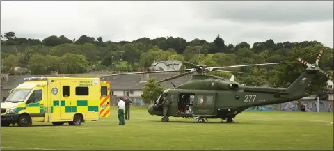  ??  ?? Air Corps airlifts Grace Murphy at Gorey showground­s on Thursday afternoon.