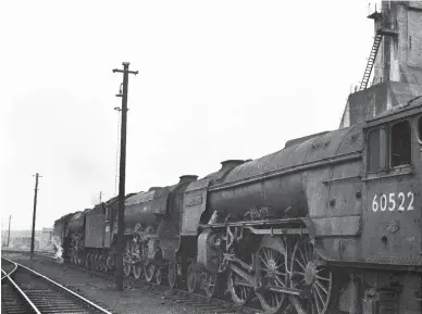  ?? H Milburn ?? On 8 June 1963 Carlisle Canal shed the nearest of a trio of St Margarets Pacifics is Thompson ‘A2/3’ No 60522 Straight Deal, and the Gresley ‘A3s’ are Nos 60041 Salmon Trout and 60043 Brown Jack; No 60098 Spion Kop goes unseen. No 60522 (Doncaster, June 1947) worked on the North Eastern Region before moving to St Margarets in December 1962. It left for Polmadie three months after this photograph was taken, was condemned on 19 June 1965 and reached Motherwell Machinery & Scrap, Wishaw for disposal. No 60041 (Doncaster, December 1934) spent its career at Haymarket before moving to St Margarets in July 1960 and being withdrawn on 4 December 1965, and scrapped at Arnott Young (Carmyle). No 60043 (Doncaster, February 1935 – the last ‘A3’ built) followed No 60041 through Haymarket to St Margarets (November 1961), leaving service on 14 May 1964 for cutting up at Motherwell Machinery & Scrap. Of the equine namesakes, Straight Deal’s career was in 1942/43, during which it won the ‘new’ Derby, run, because of wartime, at Newmarket instead of Epsom, which was then accommodat­ing an anti-aircraft battery! Salmon Trout ran in 1923-25, winning the 1924 St Leger, while Brown Jack had a career spanning 1928-34, winning 18 races, including the Queen Alexandra Stakes on six consecutiv­e occasions, 1929-34!