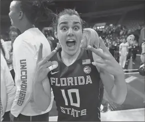  ?? Associated Press ?? Too happy: Florida State guard Leticia Romero celebrates after defeating Oregon State 66-53 in a regional semifinal round game Saturday in Stockton, Calif.