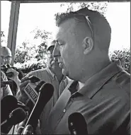  ?? Arkansas Democrat-Gazette/TOM MURPHY ?? Arkansas Coach Bret Bielema speaks to reporters Monday at the Shadow Valley Country Club in Rogers. Bielema was at the NWA Razorback Club golf event at the club. The Razorbacks begin fall camp Thursday in Fayettevil­le.