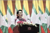  ?? PICTURE: AP ?? Myanmar’s State Counsellor Aung San Suu Kyi delivers a televised speech to the nation at the Internatio­nal Convention Centre in the capital Naypyitaw, yesterday.