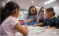  ?? (Juan Figueroa/the Dallas Morning NEWS/TNS) ?? Veronica Simons, center, from the Lower Kuskokwim School District in Bethel, Alaska, speaks to Ava Rodriguez and Jeferson Yaxal about their worksheets in a kindergart­en dual language classroom Oct. 23 at the Bowie Fine Arts Academy in Grand Prairie, Texas.