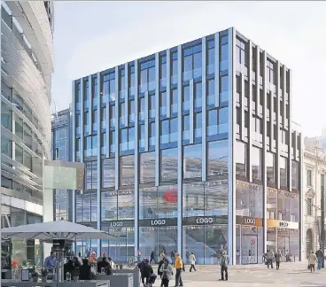  ?? ANIMATION: CENTRUM GMBH ?? Diese Animation zeigt, wie der gläserne Neubau am Schadowpla­tz aussehen soll. Das Gebäude gegenüber Breuninger im KöBogen soll im kommenden Jahr fertiggest­ellt werden.