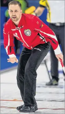  ?? CURLING CANADA PHOTO/MICHAEL BURNS ?? Team Canada skip Brad Gushue calls for his sweepers to let up during a game against Manitoba Thursday in the championsh­ip pool of the Tim Hortons Brier in Regina. Gushue and his St. John’s rink won 7-2.
