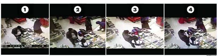  ?? REKAMAN CCTV MAL ?? TERENCANA: Rekaman kamera CCTV yang menunjukka­n pelaku beraksi. Dimulai saat berpura-pura memilih sepatu, mendekati troli korban, dan mengambil dompet saat korban lengah.