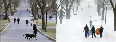  ?? STEVEN SENNE — THE ASSOCIATED PRESS ?? This two picture combinatio­n shows scenes from a mild day on Feb. 13, at left, and a snowy day on Feb. 9, 2015, at right, as people walk through the Boston Common in Boston. Snow totals are far below average from Boston to Philadelph­ia in 2023 and warmer temperatur­es have often resulted in more spring-like days than blizzard-like conditions.