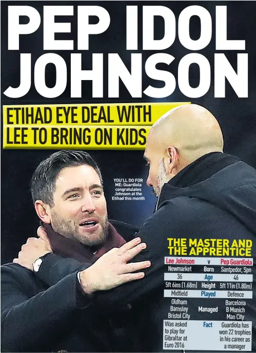  ??  ?? YOU’LL DO FOR ME: Guardiola congratula­tes Johnson at the Etihad this month