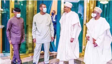  ??  ?? From left: Vice President Yemi Osinbajo; General Overseer of Redeemed Christian Church of God, Pastor Enoch Adeboye; President Muhammadu Buhari and Chief of Staff to the President, Prof. Ibrahim Gambari, during the visit of Pastor Adeboye to the Presidenti­al Villa in Abuja yesterday