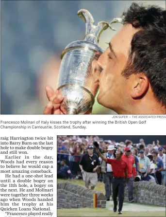  ?? JON SUPER — THE ASSOCIATED PRESS ?? Francesco Molinari of Italy kisses the trophy after winning the British Open Golf Championsh­ip in Carnoustie, Scotland, Sunday.