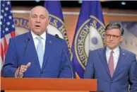  ?? AP PHOTO/MARIAM ZUHAIB ?? Majority Leader Steve Scalise, R-La., left, speaks Wednesday next to House Speaker Mike Johnson, R-La., during a news conference on Capitol Hill in Washington.