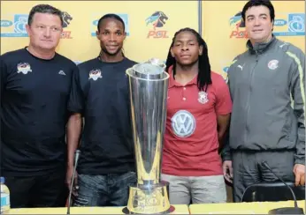  ??  ?? SuperSport United coach Gavin Hunt and captain Davies Nkausu, left, and their counterpar­ts at Moroka Swallows, Lefa Tsutsulupa and Zeca Marques, with the MTN8 trophy.