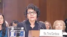  ?? COURTESY OF C-SPAN ?? Tina Cordova, co-founder of the Tularosa Basin Downwinder­s Consortium, testifies before a U.S. Senate Judiciary Committee in June 2018 in support of compensati­on for those whose health was damaged as a result of the atomic bomb test at Trinity Site.