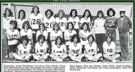  ?? COURTESY OF FISH4SCORE­S ?? 1981 Steinert girls soccer team coached by Bob Pivovarnic­k