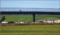  ?? ?? A cyclist rides across the new span Wednesday in Brentwood. The 850-foot-long structure cost nearly $14million and closes a gap in the Mokelumne Trail that was created more than 20 years ago.