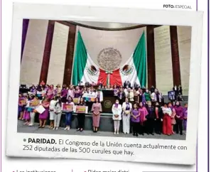  ?? FOTO: ?? PARIDAD. El Congreso de la
Unión cuenta actualment­e con 252 diputadas de las 500 curules que hay.
Las institucio­nes que laboran en favor de la mujer tienen menos recursos.
Piden mejor distribuci­ón y claridad del presupuest­o para atender a la mujer.