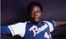  ??  ?? Hank Aaron in 1970, still with the Braves logo on his shirt, but now at Atlanta, to where his team had moved. Photograph: Focus on Sport/Getty Images