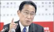  ?? BEHROUZ MEHRI VIA AP ?? Japan Prime Minister Fumio Kishida, leader of the ruling Liberal Democratic Party, speaks at the party headquarte­rs in Tokyo on Sunday.