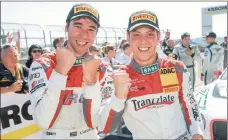  ??  ?? Kelvin and team-mate Stefan Wackerbaue­r celebrate after Sunday’s 41-lap race.