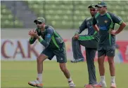  ?? — AP ?? Pakistan players at a practice session in Dhaka on Tuesday, the eve of their second Test against Bangladesh.