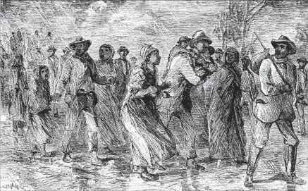  ?? Universal History Archive / Getty Images ?? SLAVES FLEE in a circa 1850-51 engraving of the undergroun­d railroad. Whitehead, re-imagining it, lays bare racial narratives.