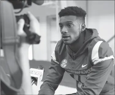  ?? Craven Whitlow/Special to News-Times ?? Talk about it: Arkansas' Jordan Jones talks to reporters during the Razorbacks' Media Day last week in Fayettevil­le. The Smackover sophomore looks forward to finding his fit in new coach Chad Morris' offensive system.