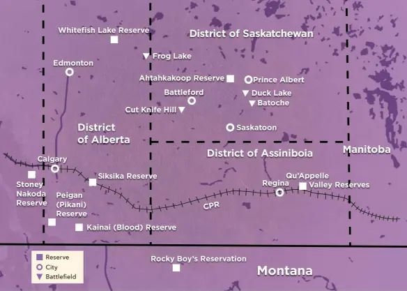  ??  ?? This map shows some of the major flashpoint­s of the 1885 Northwest Rebellion as well as the locations of some of the First Nations that did not take part in the uprising. Rocky Boy’s Reservatio­n in Montana became a permanent home to some of the so-...
