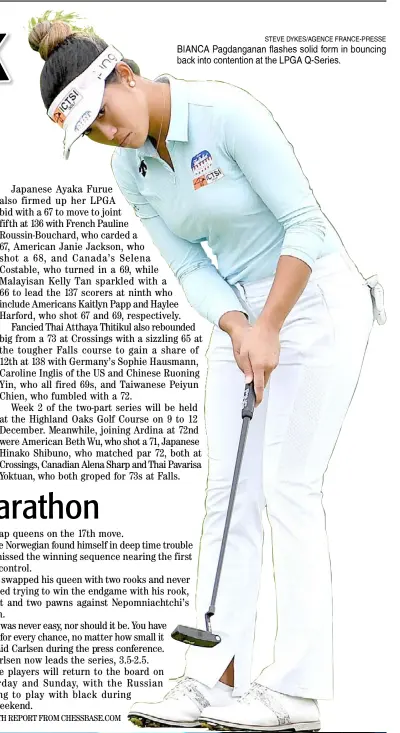  ?? STEVE DYKES/AGENCE FRANCE-PRESSE ?? BIANCA Pagdangana­n flashes solid form in bouncing back into contention at the LPGA Q-Series.