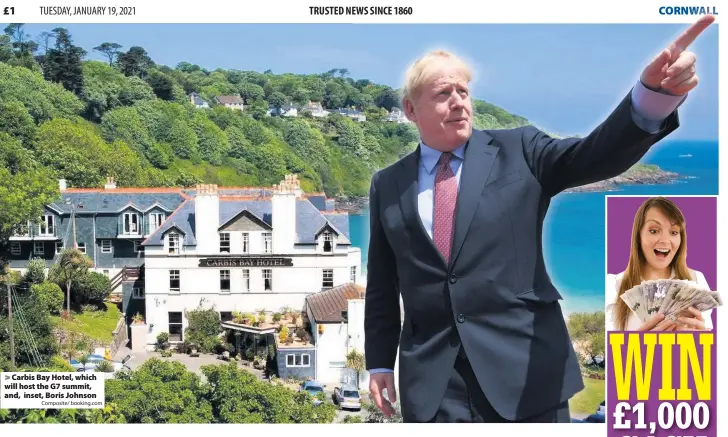  ?? Composite/ booking.com ?? Carbis Bay Hotel, which will host the G7 summit, and, inset, Boris Johnson