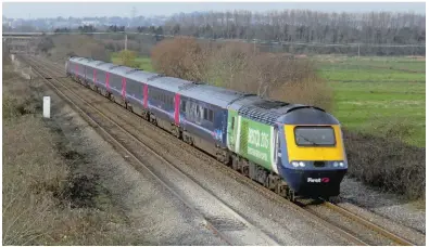  ?? STEWART ARMSTRONG. ?? Great Western Railway 43012 passes Exminster (near Exeter) on January 16, with the 1127 London Paddington-Penzance. The High Speed Train is formed of Mk 3 carriages that could yet be used as freight vehicles after Intercity Express Programme trains...