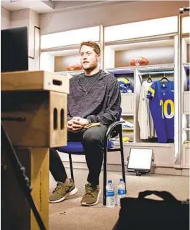  ?? BREVIN TOWNSELL L.A. RAMS ?? New Los Angeles Rams quarterbac­k Matthew Stafford speaks to media Friday for first time since trade brought him from Detroit in exchange for Jared Goff.