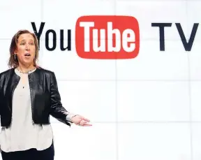  ?? AP ?? YouTube CEO Susan Wojicki speaks during the introducti­on of YouTube TV at YouTube Space LA in Los Angeles on Tuesday, February 28.